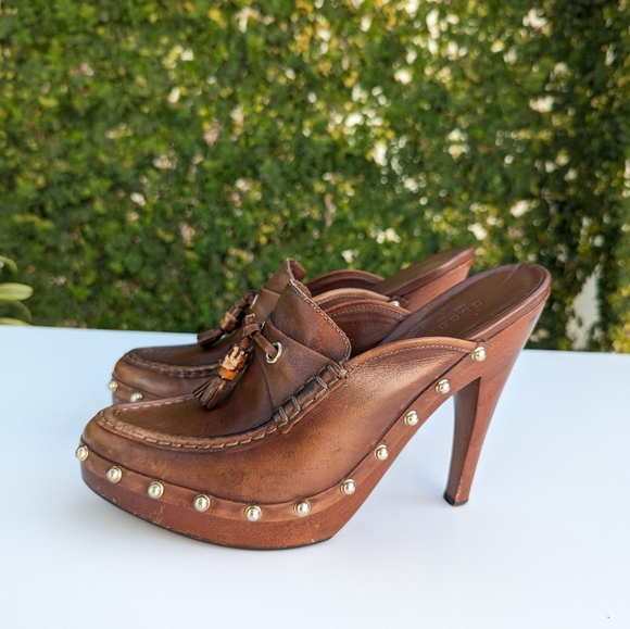 Gucci Brown Leather Mules with Metallic Gold Studs - Picture 1 of 13